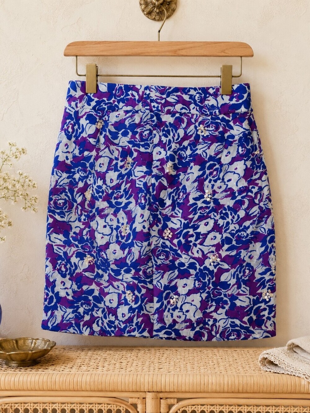 Anthropologie Fei Silk Floral Mini Skirt Purple Blue Boho Ruched Pencil